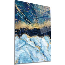 Gold Mavi Detay  Mermer Desen Dikey Cam Tablo, Ev ve Ofis Duvar Dekoru, Lüks Hediyelik, Kırılmaz