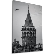 Siyah Beyaz Galata Kulesi Dikey Cam Tablo, Ev Ofis Duvar Dekoru, Lüks Hediyelik, Kırılmaz Çizilmez