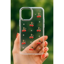 iPhone 16 Kılıf Kiraz Desenli Şeffaf Simli Gümüş Kamera Çıkıntılı Parlak Kapak