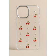iPhone 16 Kılıf Kiraz Desenli Şeffaf Simli Gümüş Kamera Çıkıntılı Parlak Kapak