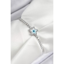 Pirinç Zirkon Taşlı Nazar Yıldız Model Gümüş Renk Asansörlü Kadın Bileklik - EBJ250726W36673