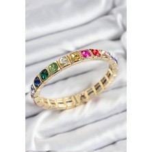 Pirinç Karışık Zirkon Taşlı Kare Model Gold Renk Lastikli Kadın Bileklik - EBJ250726W36766
