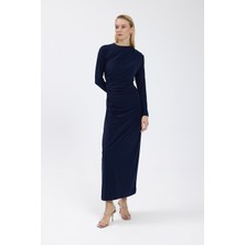 Lacivert Büzgü Detaylı Elbise