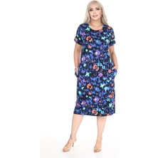 Büyük Beden Likralı Viskon Cepli Desenli Elbise 44B-2697