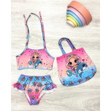 Üç Parça Çantalı Kız Çocuk Fırfırlı Bikini Takım