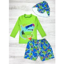 Güneş Korumalı Boneli Karakter Desenli Deniz Şortlu Mayo Takım