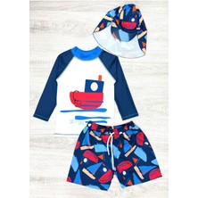 Güneş Korumalı Boneli Karakter Desenli Deniz Şortlu Mayo Takım