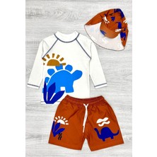 Güneş Korumalı Boneli Karakter Desenli Deniz Şortlu Mayo Takım