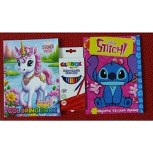 2 Adet Stickerli Boyama Kitabı ve 12 Li Kuru Boya Kalemi (Unicorn / Stitch-A)
