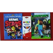 2 Adet Stickerli Boyama Kitabı ve 12 Li Kuru Boya Kalemi (Brawlstars-A / Minecraft-A)