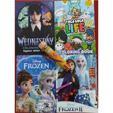 4 Adet Stickerli Boyama Kitabı ve 12 Li Tüp Kuru Boya Kalemi (Wednesday/toca Boca/frozen/frozen2)