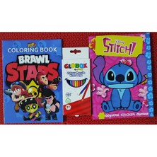 2 Adet Stickerli Boyama Kitabı ve 12 Li Kuru Boya Kalemi (Brawlstars-A / Stitch-A)