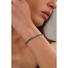 3mm Gümüş Yeşil Zirkon Taşlı Rodyumlu Su Yolu Pırlanta Modeli Tenis Bileklik