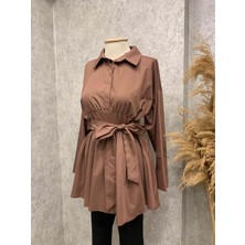 25Y7238 Gömlek Tunik Poplin Kumaş Gizli Düğme Önden Bağlamalı - Rumella - 25Y7238 - Kahve - 36