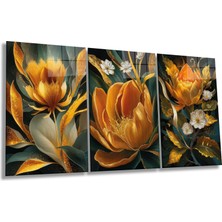 Turuncu Gold Altın Çiçek Kombin 3 Parça Set Cam Tablo, Ev ve Ofis Duvar Dekoru, Lüks Hediyelik