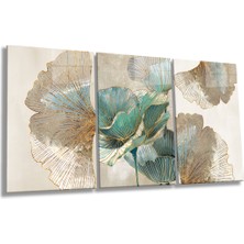 Gold Altın Detaylı Turkuazlı Kombin 3 Parça Set Cam Tablo, Ev ve Ofis Duvar Dekoru, Lüks Hediyelik