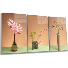 Vazo Içerisinde Zarif Çiçekler 3 Parça Set Cam Tablo, Ev ve Ofis Duvar Dekoru, Lüks Hediyelik