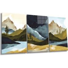 Suluboya Efektli Doğa Manzarası 3 Parça Set Cam Tablo, Ev ve Ofis Duvar Dekoru, Lüks Hediyelik