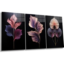 Mor Detaylı Renkli Çiçekler 3 Parça Set Cam Tablo, Ev ve Ofis Duvar Dekoru, Lüks Hediyelik