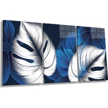 Soyut Modern Mavi Beyaz Yapraklar 3 Parça Set Cam Tablo, Ev ve Ofis Duvar Dekoru, Lüks Hediyelik