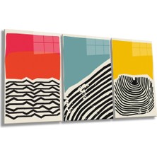 Çok Renkli Geometrik Çizgiler 3 Parça Set Cam Tablo, Ev ve Ofis Duvar Dekoru, Lüks Hediyelik