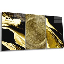 Siyah Fon Soyut Gold Altın 3 Parça Set Cam Tablo, Ev ve Ofis Duvar Dekoru, Lüks Hediyelik