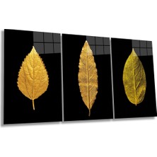 Siyah Fon Gold Altın Yapraklar 3 Parça Set Cam Tablo, Ev ve Ofis Duvar Dekoru, Lüks Hediyelik
