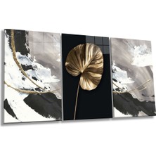 Gold Yaprak ve Soyut Desenler 3 Parça Set Cam Tablo, Ev ve Ofis Duvar Dekoru, Lüks Hediyelik