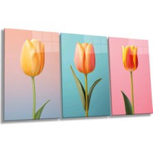 Çok Renkli Laleler Kombini 3 Parça Set Cam Tablo, Ev ve Ofis Duvar Dekoru, Lüks Hediyelik