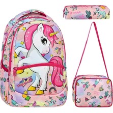 3’lü Ilkokul Unicorn Desenli, Kız Çocuk Beslenmeli ve Kalemlikli Okul Çantası