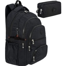 2'li Set Lüx Krinkıl Kumaş Lise ve Ortaokul Sırt Çantası + Kalemlik, Maymun Anahtarlık Hediyeli