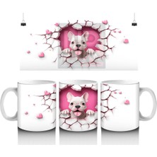 Sevimli Fransız Bulldog ve Pembe Kalpler Temalı Tasarım - Baskılı Kahve Kupası