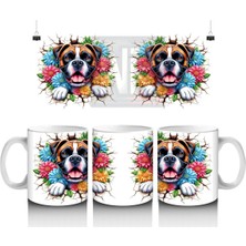 Çiçekli Çerçevede Sevimli Köpek Maskotu – Baskılı Kahve Kupası