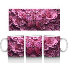 Gül Buketi Arasında Parlayan Pembe Kelebek Deseni - Baskılı Kahve Kupası