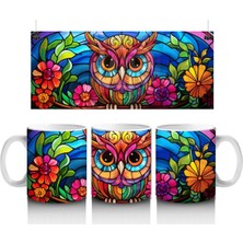 Vitray Baykuş Desenli – Renkli Sanat – Baskılı Kupa