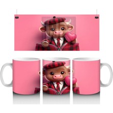 Şapkalı Sevimli Buzağı ve Pembe Kalpler – Baskılı Kupa Bardak