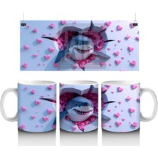 Pembe Kalpli Arka Plan Üzerinde Tatlı Mavi Köpekbalığı - Baskılı Kahve Kupası