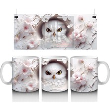 Pembe Çiçeklerle Süslenmiş Baykuş – Baskılı Kahve Kupası