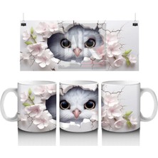 Beyaz Çiçekler Arasında Bakan Sevimli Baykuş Yüzü - Baskılı Kahve Kupası