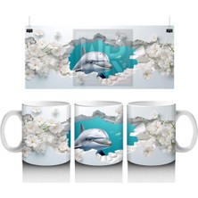 Beyaz Çiçekli Fon Üzerinde Zıplayan Yunus – Baskılı Kahve Kupası