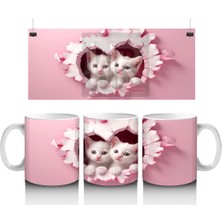 Kalp Desenli Çatlakta Ikiz Beyaz Kedi – Baskılı Kahve Kupası