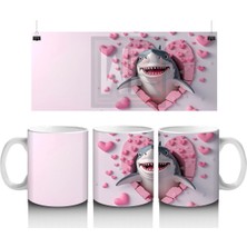 Kalpli Pembe Zeminde Gülümseyen Sevimli Köpekbalığı - Baskılı Kahve Kupası