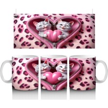 Kalpli Fon Üzerinde Sevimli Kediler – Baskılı Kahve Kupası