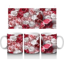 Kırmızı Beyaz Gül Bahçesinde Uçan Kelebek – Baskılı Kahve Kupası