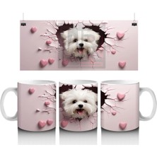 Pembe Kalpli Çatlak Duvar Arasından Bakan Beyaz Pofuduk Köpek Kupa