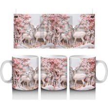 Pembe Çiçeklerle Kaplı Kış Manzarasında Geyik – Baskılı Kahve Kupası