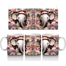 Kırmızı Şapkalı Filler Arasında Çiçekler – Baskılı Kahve Kupası