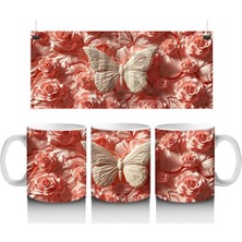 Turuncu Rölyef Çiçekler Arasında Krem Renkli Kelebek – Baskılı Kahve Kupası