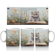 Çiçekler Arasında Oturan Gri Kedi – Baskılı Kahve Kupası