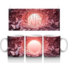 Pembe Kelebeklerle Oluşan Işık Tüneli Kompozisyonu - Baskılı Kahve Kupası